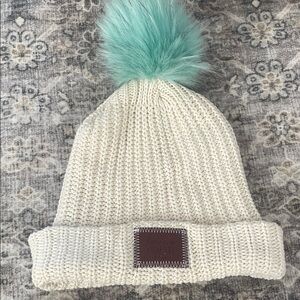 Love Your Melon Attachable Cream Knit Beanie with Teal Pom